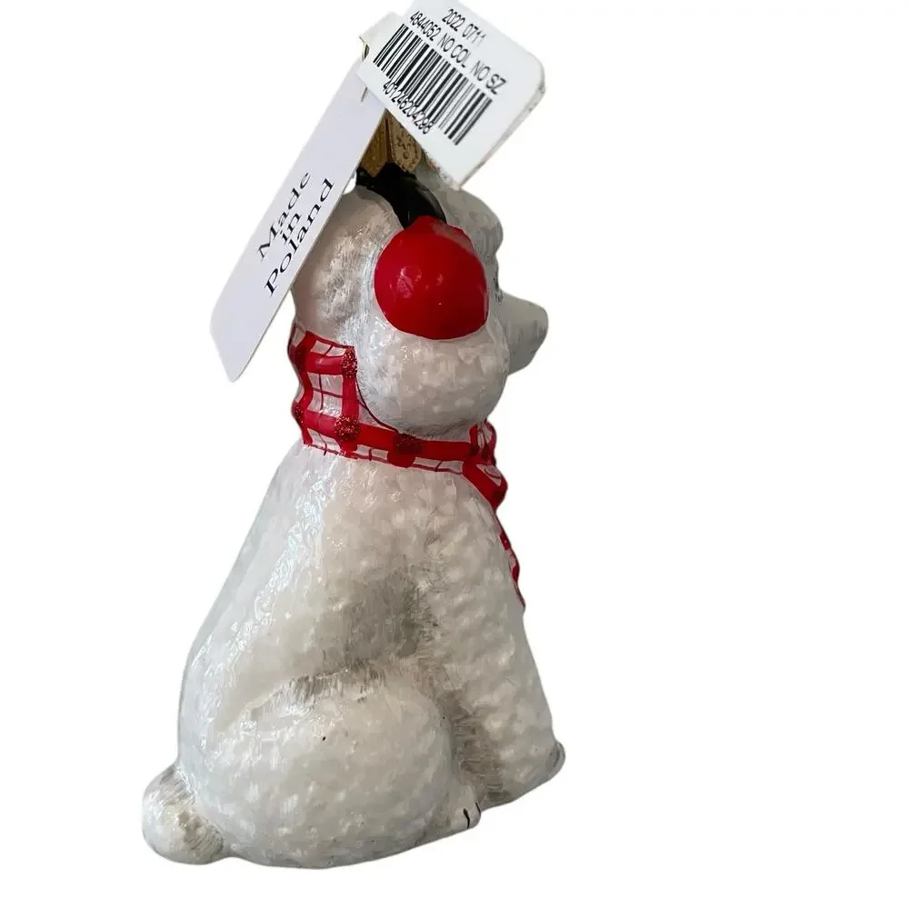 Neiman Marcus White Poodle Wearing Red Scarf & Earmuffs Christmas Ornament NEW